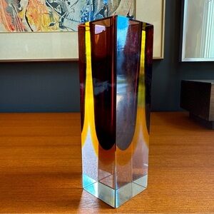 Murano Italy Alessandro Mandruzzato Sommerso Square Red & Amber Blown Glass Vase